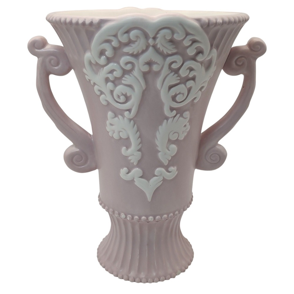 Burton and Burton Grecian Style Vase Pink Dual Handles Raised Design Urn SEE‎
